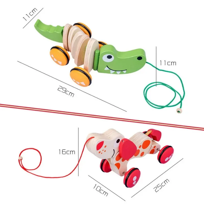 Crocodile Pull Wooden Toy Montessori Toddler Pull Rope Toy with Rope Pull Type Baby Early Education Tool Outdoor Walking Playing