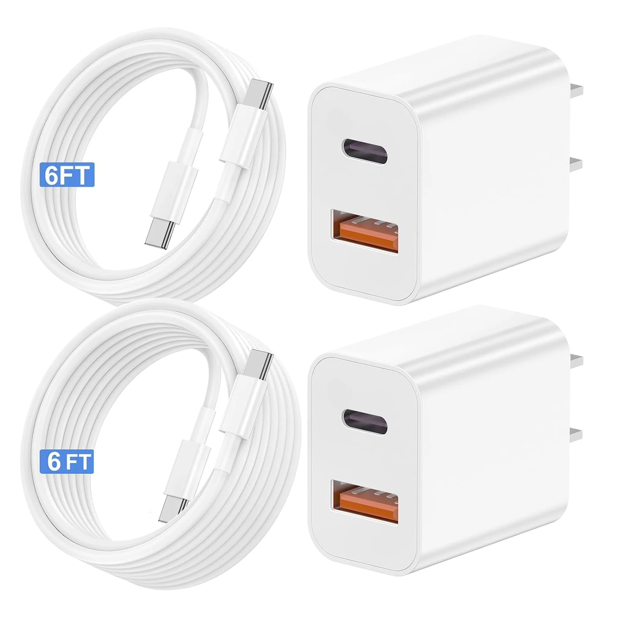 USB C Fast Charger for iPhone 15, 20W for iPad Type C Rapid Charging Wall Charger Block Charging Cable Comptible 2Pack White
