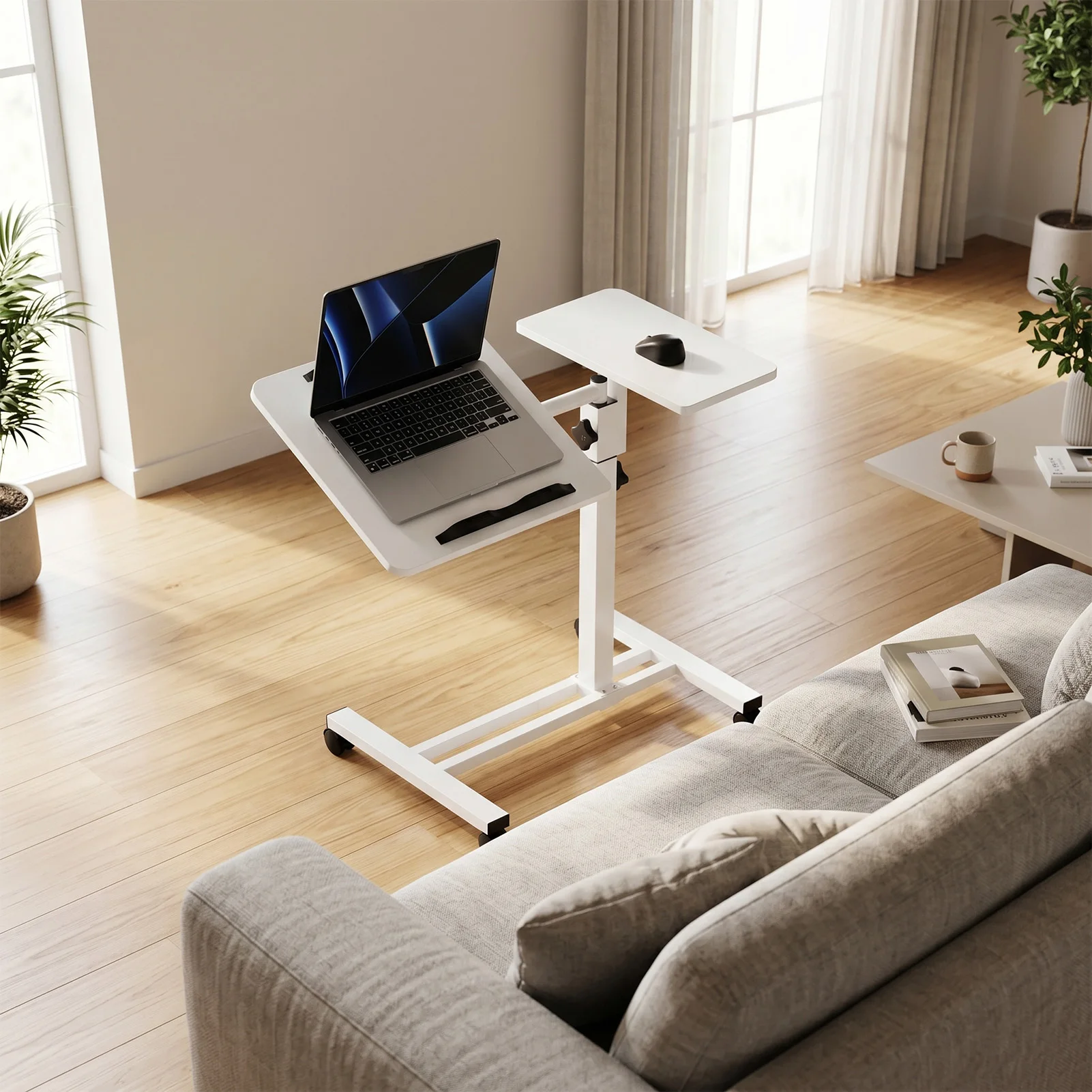 Modern Small Standing Desk with Wheels Wood Height Adjustment Portable Mobile Rolling Table Laptop PC Stand for Home Office