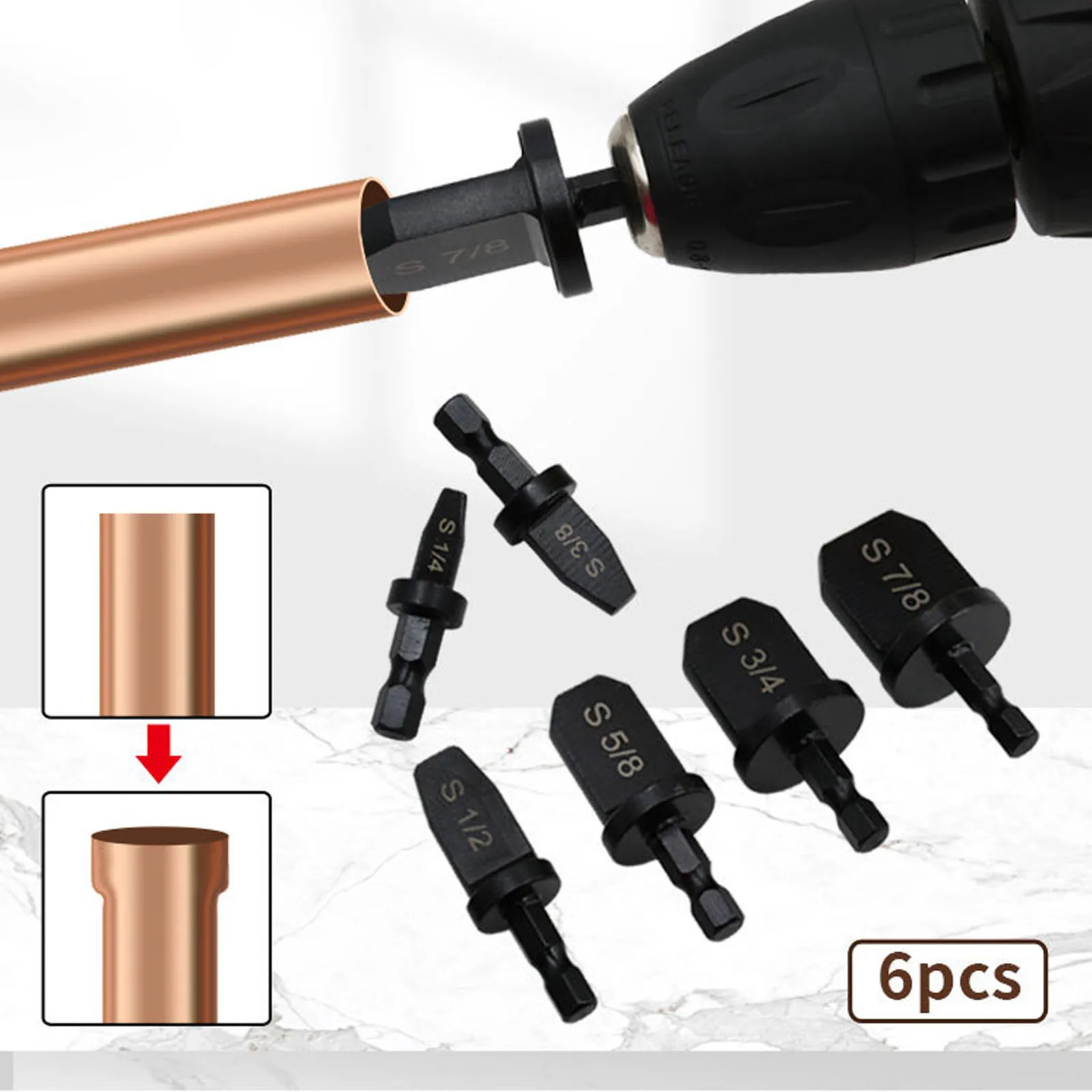 

6Pcs/Set 1/4"-7/8" Copper Pipe Swaging Tool Drill Bits Triangular Shank Bearing Steel Air Conditioning Install Accessories