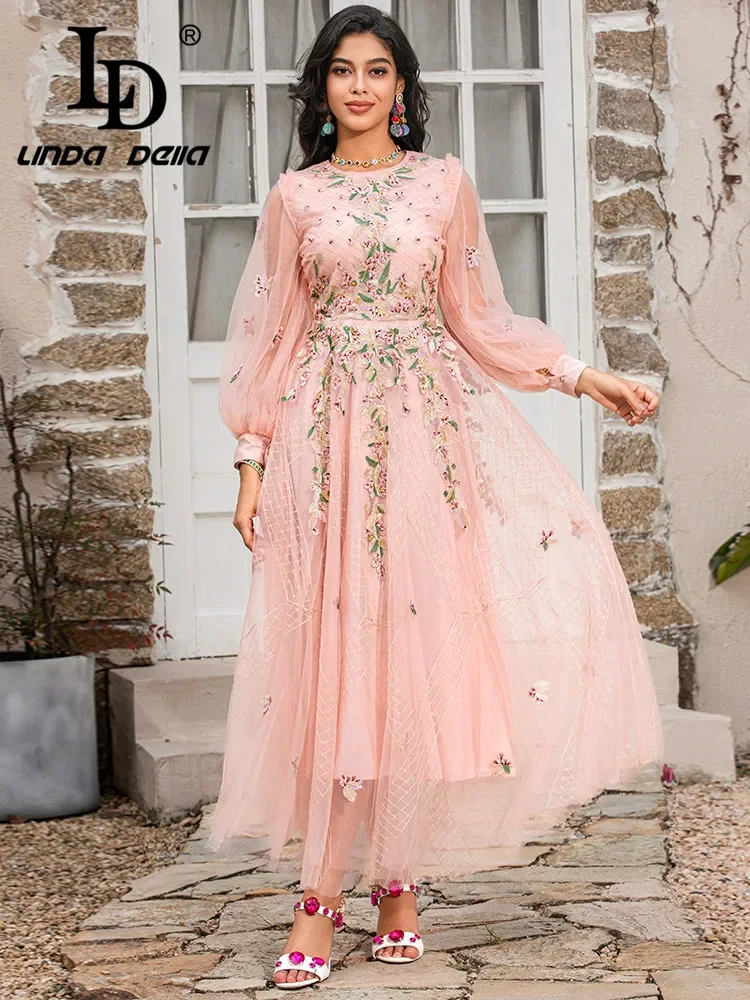 

LD LINDA DELLA Designer Summer Pink Mesh Dress Women's Lantern Sleeve Flowers Embroidery Fashion Holiday Party Long Dress