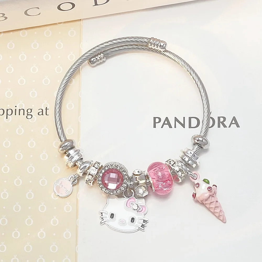 Sanrio-pulsera de Hello Kitty para mujer, adorno de mano de Anime con cuentas de diamantes rosas, joyería de moda, regalos de vacaciones, novedad