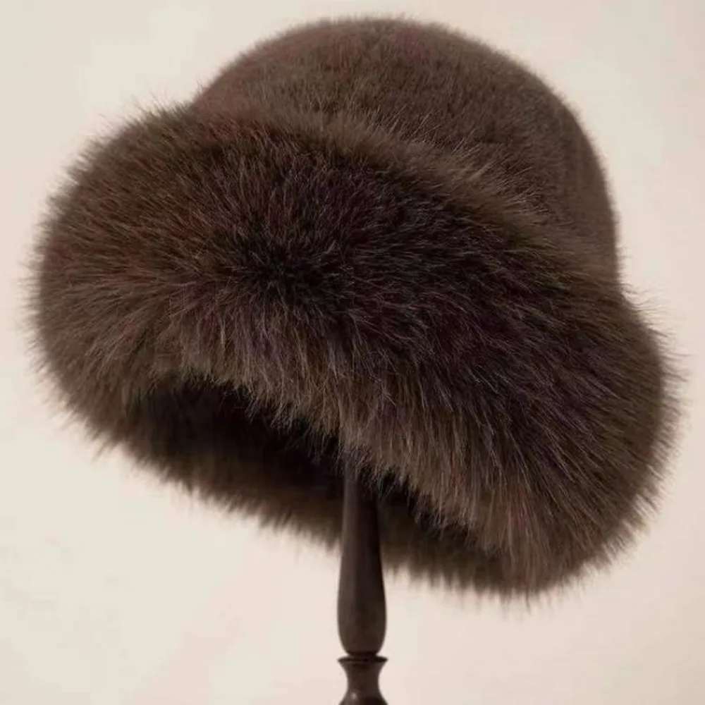 

Retro Warm Cap Faux Fur Mink Hat Korean Style Bucket Hat Basin Cap Solid Color Solid Beanie Autumn