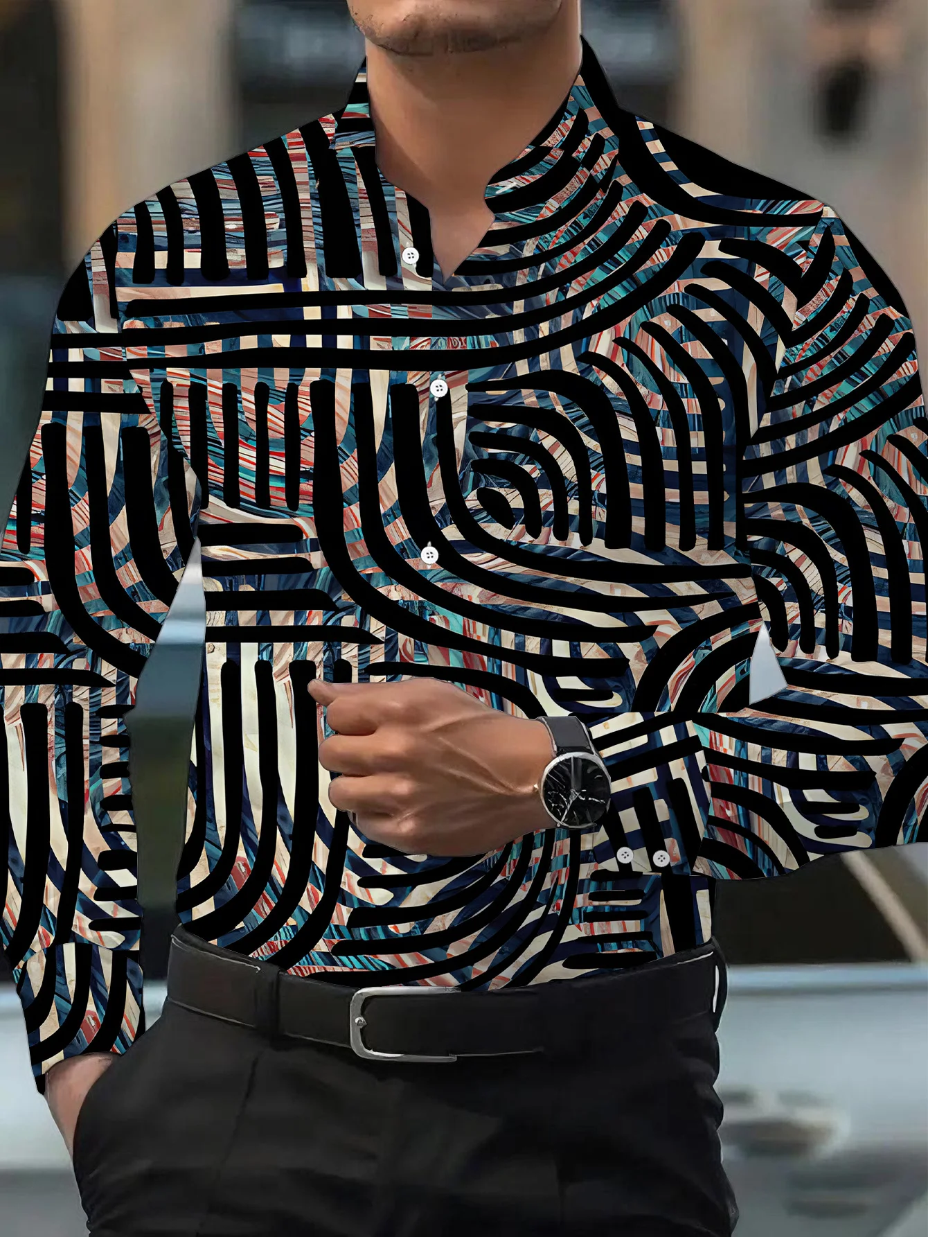 Men Long-Sleeve Button-Down Shirt Abstract Geometric Wave Line Print Polyester Lapel Collar Casual Top