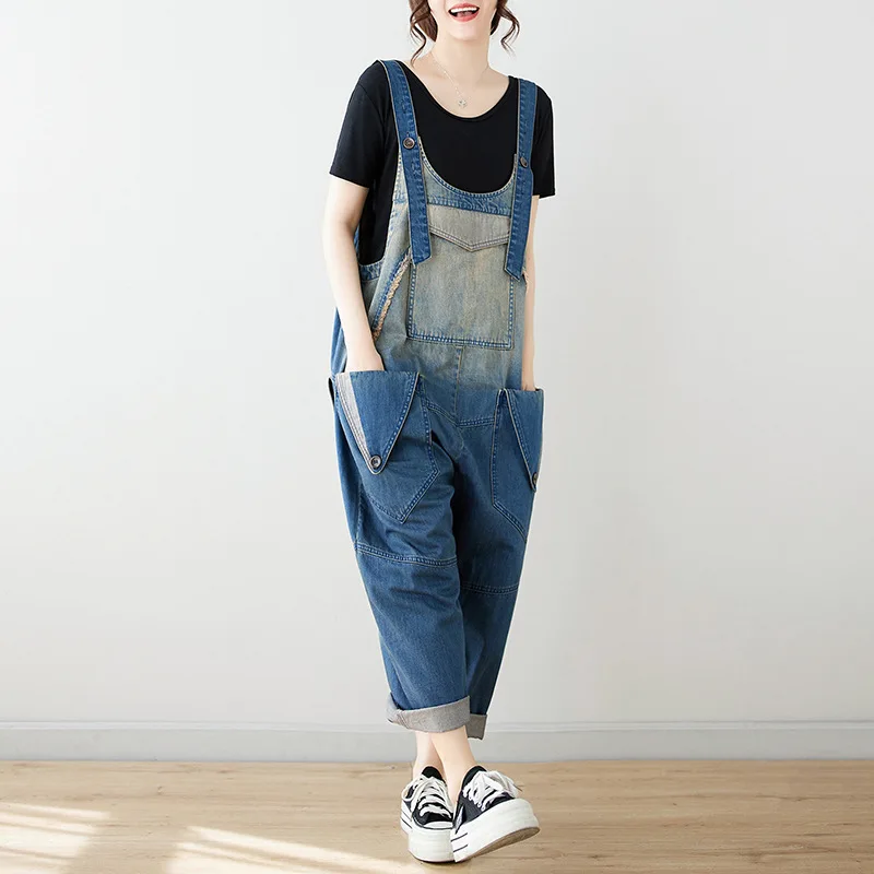 

Free Shipping Sleeveless 2024 Printed Fashion Casual Jumpsuits And Rompers Loose Hip-hop Overalls Suspenders Jeans With Pockets