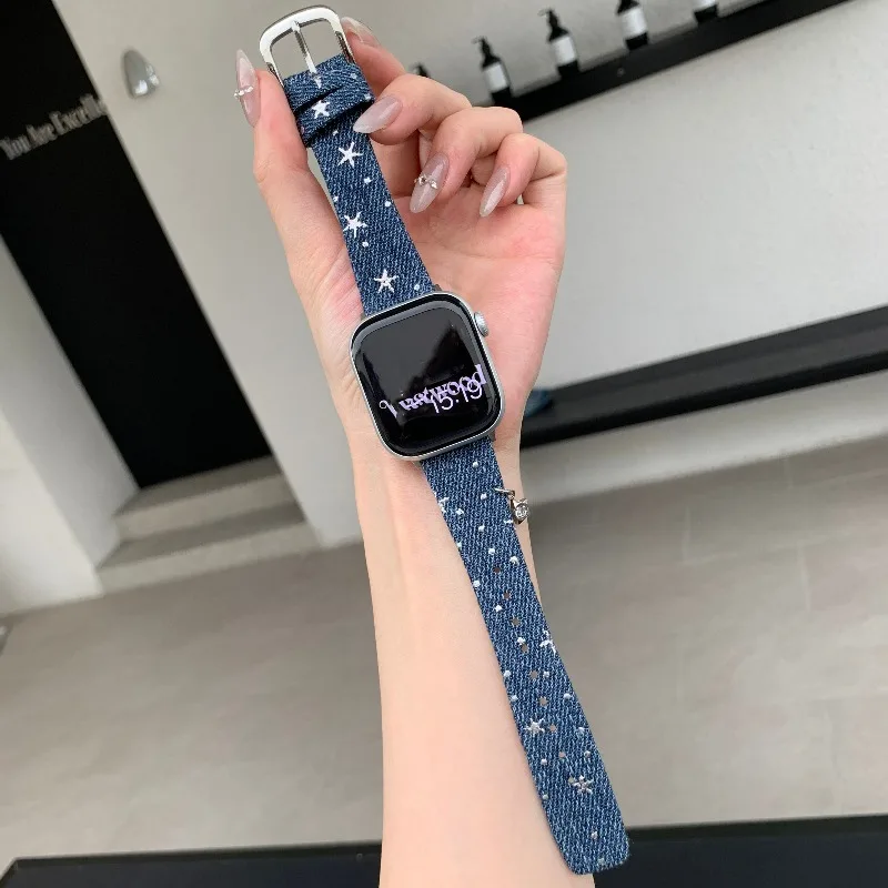 Star Denim Bracelet for Apple Watch S11 10 9 8 7 6 SE Ladies Woven Cowboy Fabric Strap for IWatch Band 38 40 41 42 44 45 46 49mm
