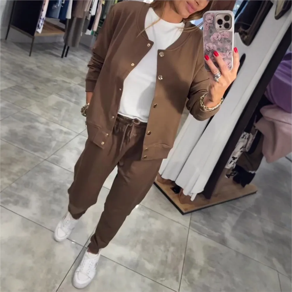 Casual Solid Color Women's Jacket And Women Suit Autumn Winter Loose Sports Sweatshirt + Small Feet Trousers 2-piece Set Female