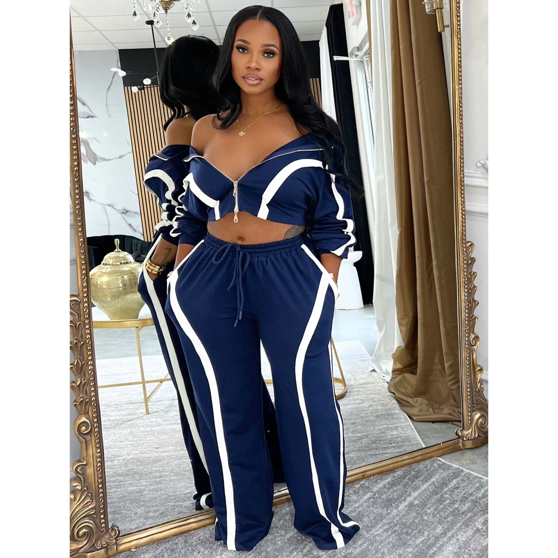 ชุดเซ็ตเสื้อครอปและกางเกงขายาวสำหรับผู้หญิง สไตล์ Y2K แฟชั่นสตรีทแวร์ ชุดออกกำลังกายดีไซน์เนอร์ แจ็คเก็ตและโค้ทสุดหรู ชุดสองชิ้น