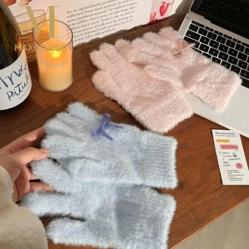 

Милые молочно-голубые молочно-пудренные плюшевые вязаные перчатки с бантом, холодостойкие теплые варежки, толстые ветрозащитные осенне-зимние перчатки для женщин