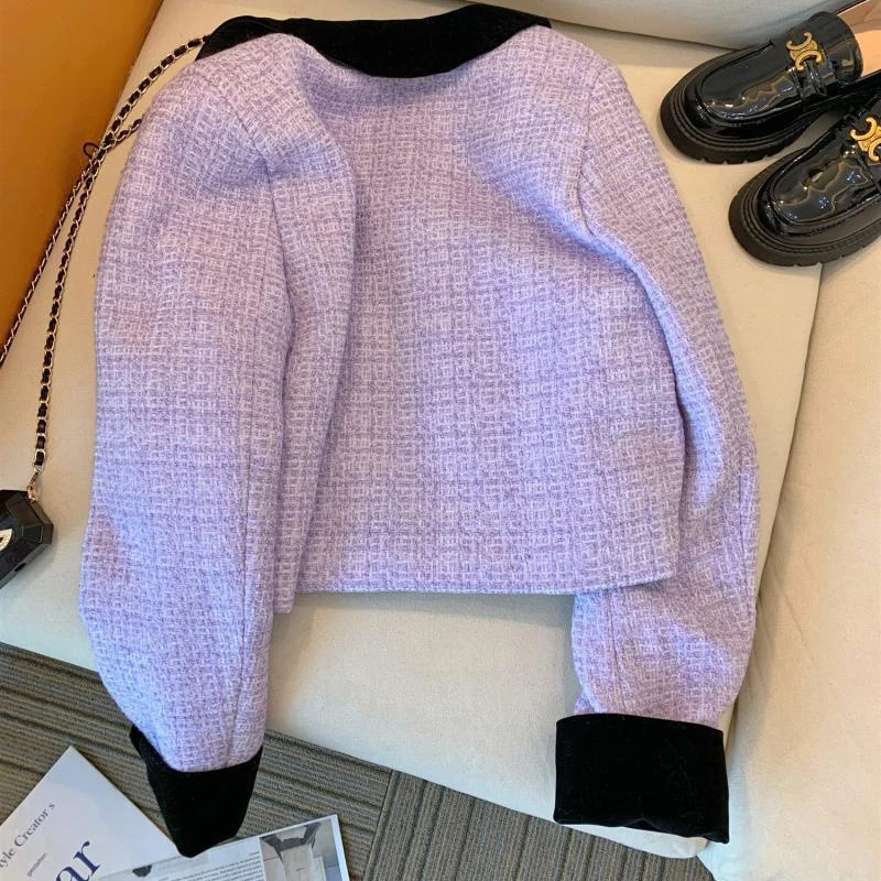 Women\'s Clothing Jacket Lavender lilac Purple Tweed Cardigan Coat 2024 Autumn Winter Chic Short Tops Korean Fashion Lady Outwear