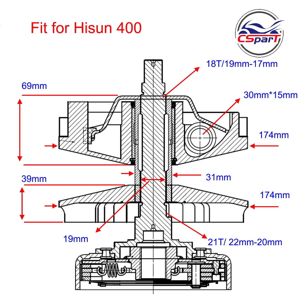 21T 174MM HS400 HISUN 400CC Massimo moto 400 Primary  Variator Fan  Clutch UTV ATV Parts