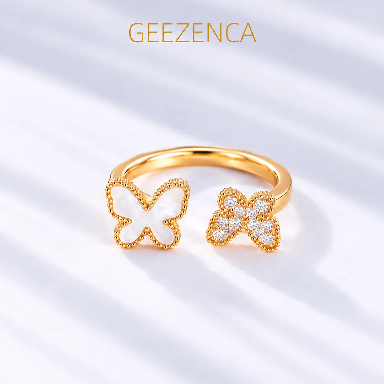 GEEZENCA 925 Silver White Mother of Pearl Cubic Zirconia Duo Butterfly Open Ring For Women Delicate Cute Trendy Rings Party Gift