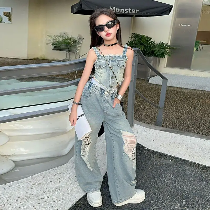 Summer 2025 Halter Vest Ripped Wide-Leg Pants Two-Piece Set Kids Casual Harbor Flavor Simple Style