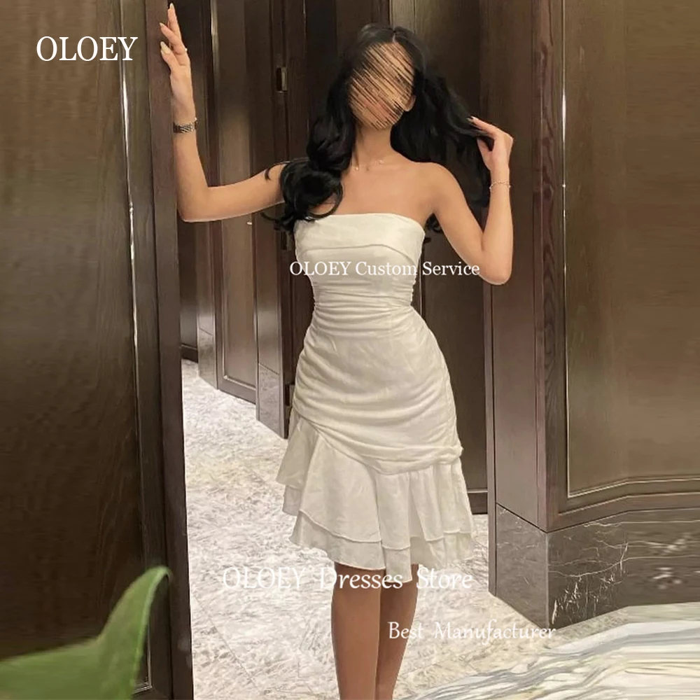 

OLOEY Saudi Arabic Women Short White Party Dresses Strapless Tiered Knee length Prom Gowns Formal Evening Cocktail Dress