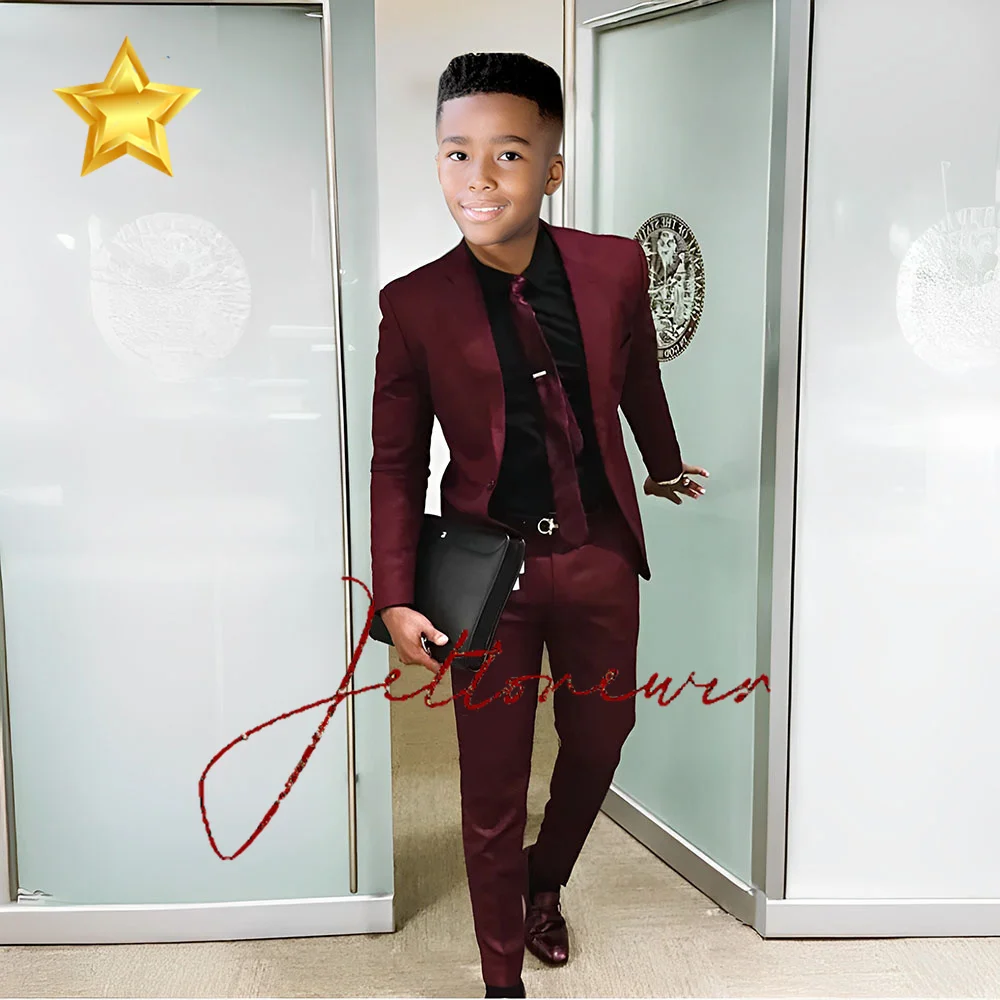 Burgundy Boys Suit 2 Piece Set Fashion Design Kids Wedding Tuxedo Classic Slim Fit Blazer Pants 2-16 Years Old