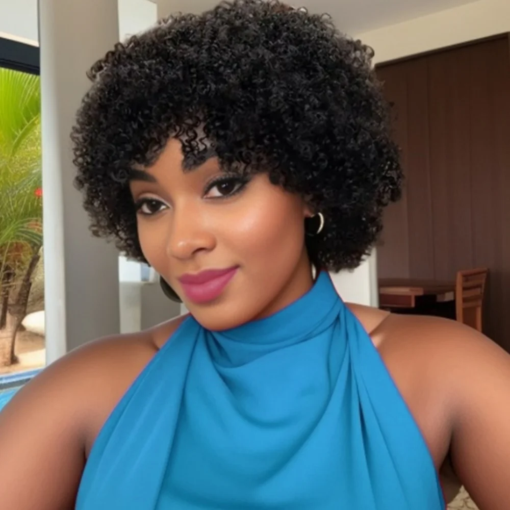 짧은 픽시컷 가발 여성용 인모 곱슬머리 가발 풍성하고 부드러운 곱슬머리 기계식 가발