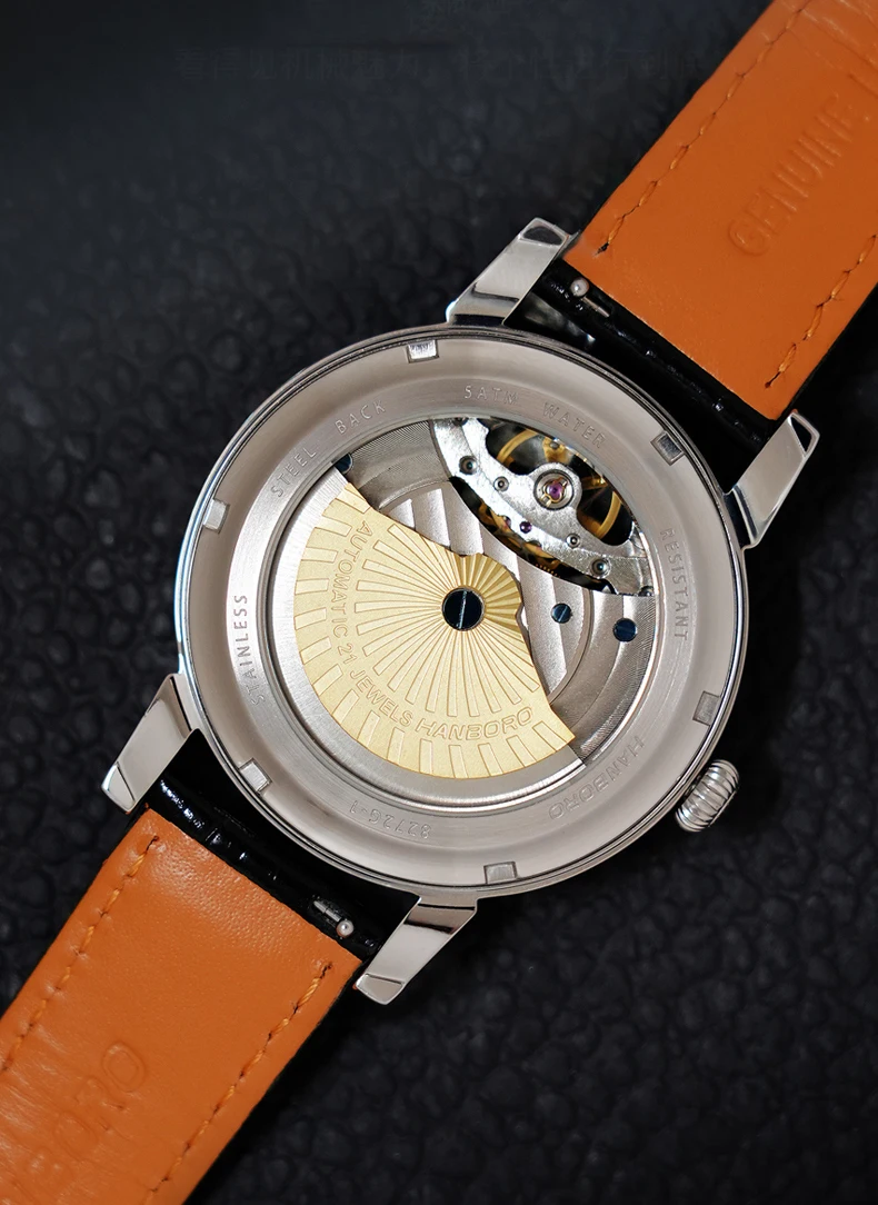 HANBORO Orologio automatico da uomo 42mm Orologio da polso meccanico vintage Luminoso 50M Impermeabile Zaffiro intagliato Quadrante scavato