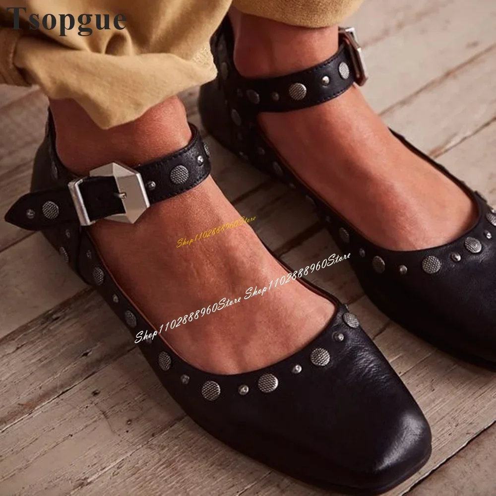 

Trending Black Leather Rivet Decor Casual Pumps Flat With Women Shoes Buckle Strap Round Toe 2024 Fashion Zapatos Para Mujere