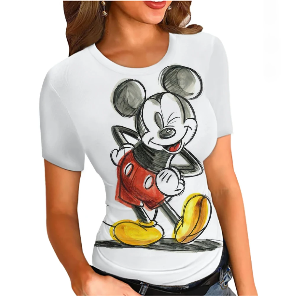 レディース半袖シャツ、ラウンドネックスリムフィットTシャツ、夏カジュアルベーシックカットシャツ、ストリートウェア、ディズニーミッキーマウスプリント