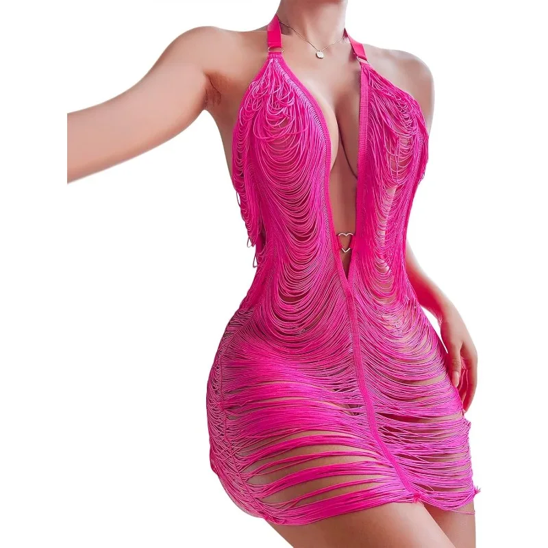 Women's Sexy Halter Neck See-Through Dress, Beach Swimsuit Cover Up, Transparent Tassel Dress, Nightclub Bodycon Dress