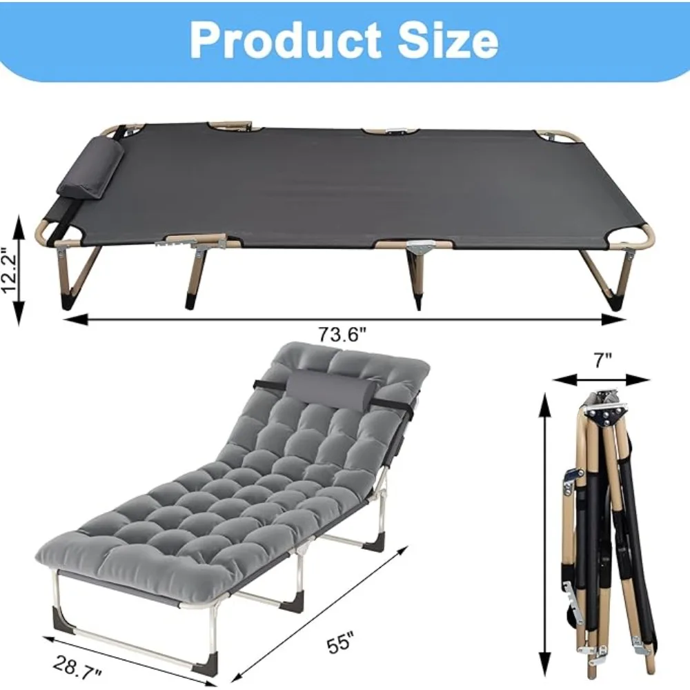 Lettino da campeggio pieghevole portatile, poltrone reclinabili per adulti con cuscino, capacità di peso di 500 libbre, con materasso