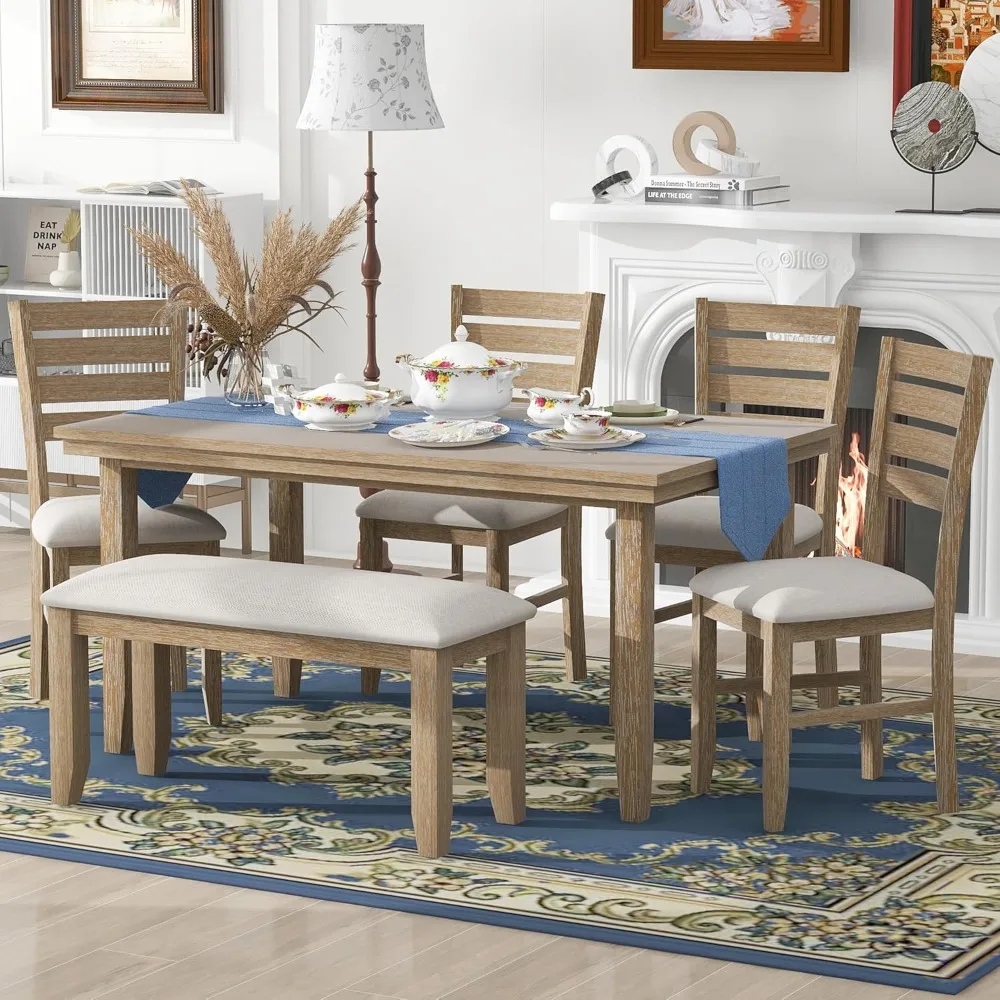 

6-Piece Dining Table Set with Bench for 6 Rectangular Kitchen Table Set with 4 Chairs & Bench Retro Dining Room Table and Chairs