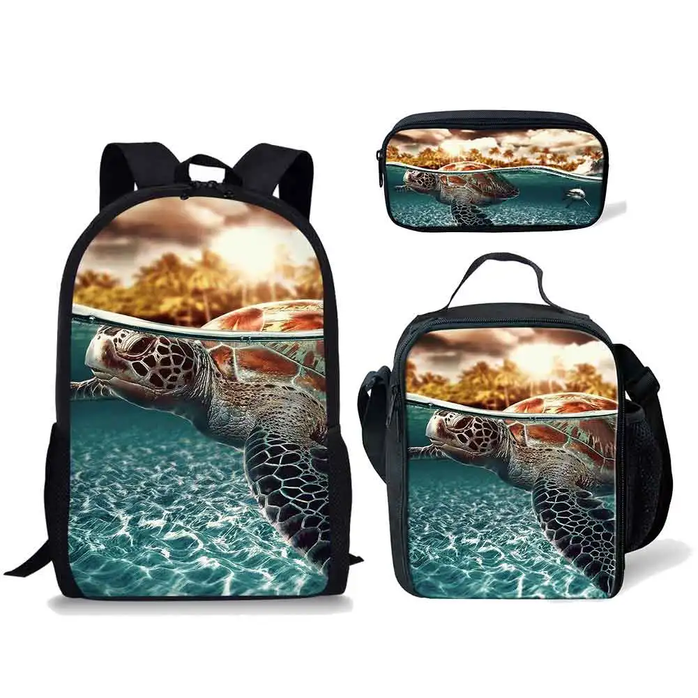 Conjunto de Mochila Padrão de Animais Marinhos Tartaruga, mochila de estudante escolar 3D Print, mochila portátil Anime, lancheira, lápis, presente do miúdo, 3pcs