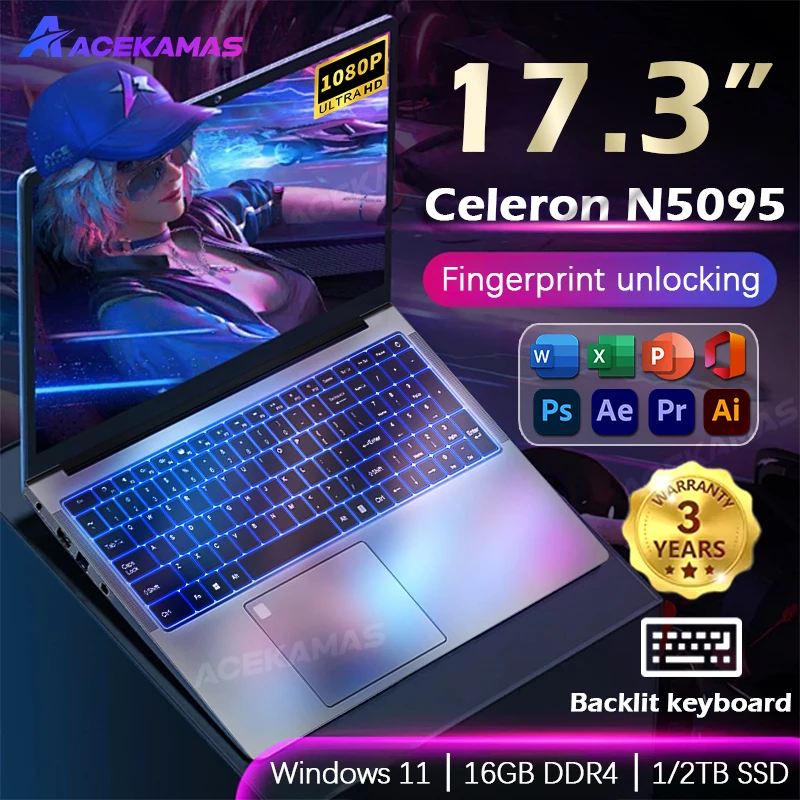 ACEKAMAS 17.3 "كمبيوتر محمول Celeron N5095 16GB DDR4 1 تيرا بايت SSD ويندوز 11 الكمبيوتر المحمول ألعاب بصمة أجهزة الكمبيوتر المحمولة المكتبية المحمولة