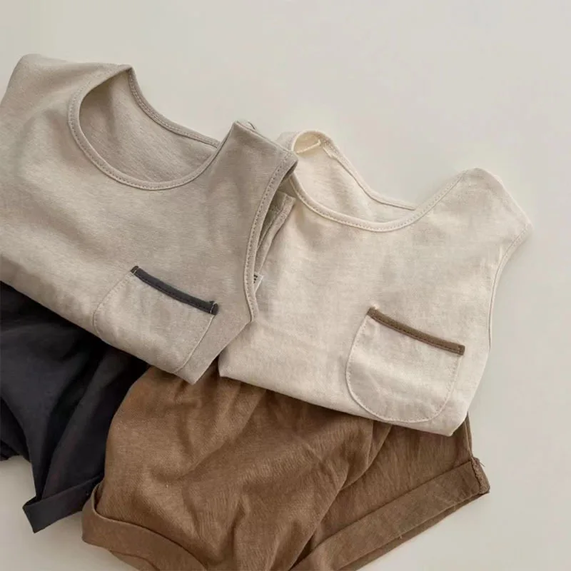 2026 Summer New Baby Sleeveless Clothes Set Infant Boys Solid Simple Thin Vest + Casual Shorts 2pcs Suit Toddler Cotton Outfits