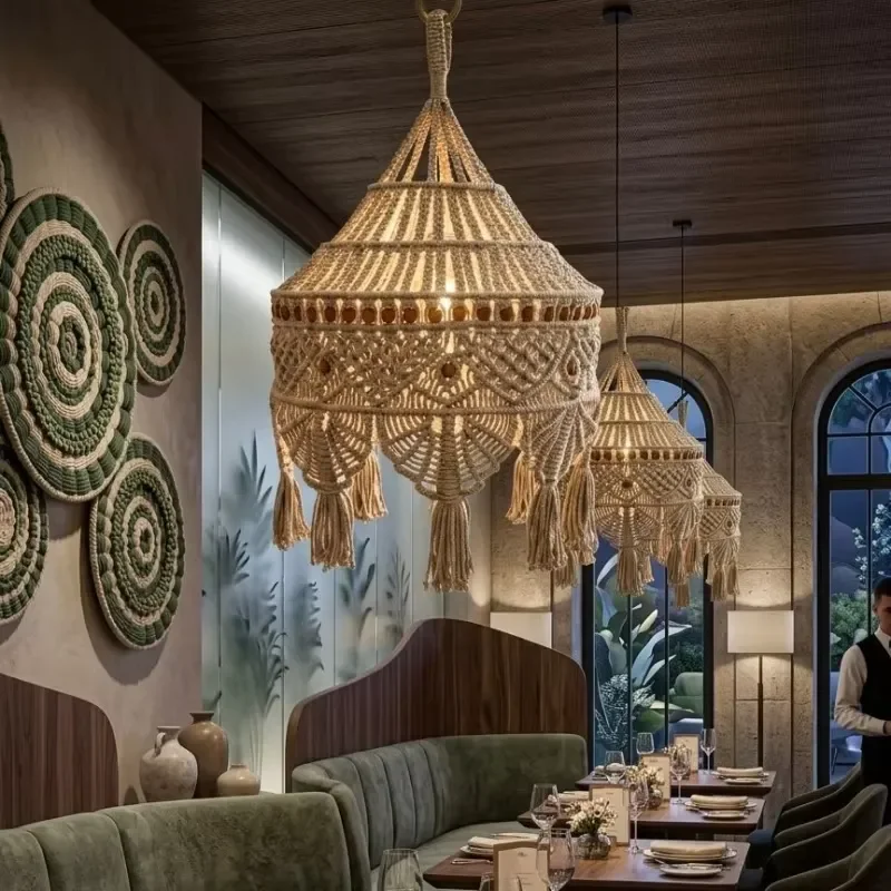Large Woven Dome Shaped Macrame Lampshade Vintage Macrame Chandelier for Home & Commercial Space