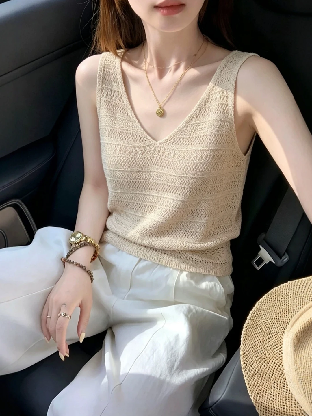 Elegant Hollow out V-Neck Knitted Sleeveless Strap Vest Women's Summer Unique Beautiful Outerwear for Concealing Underarm