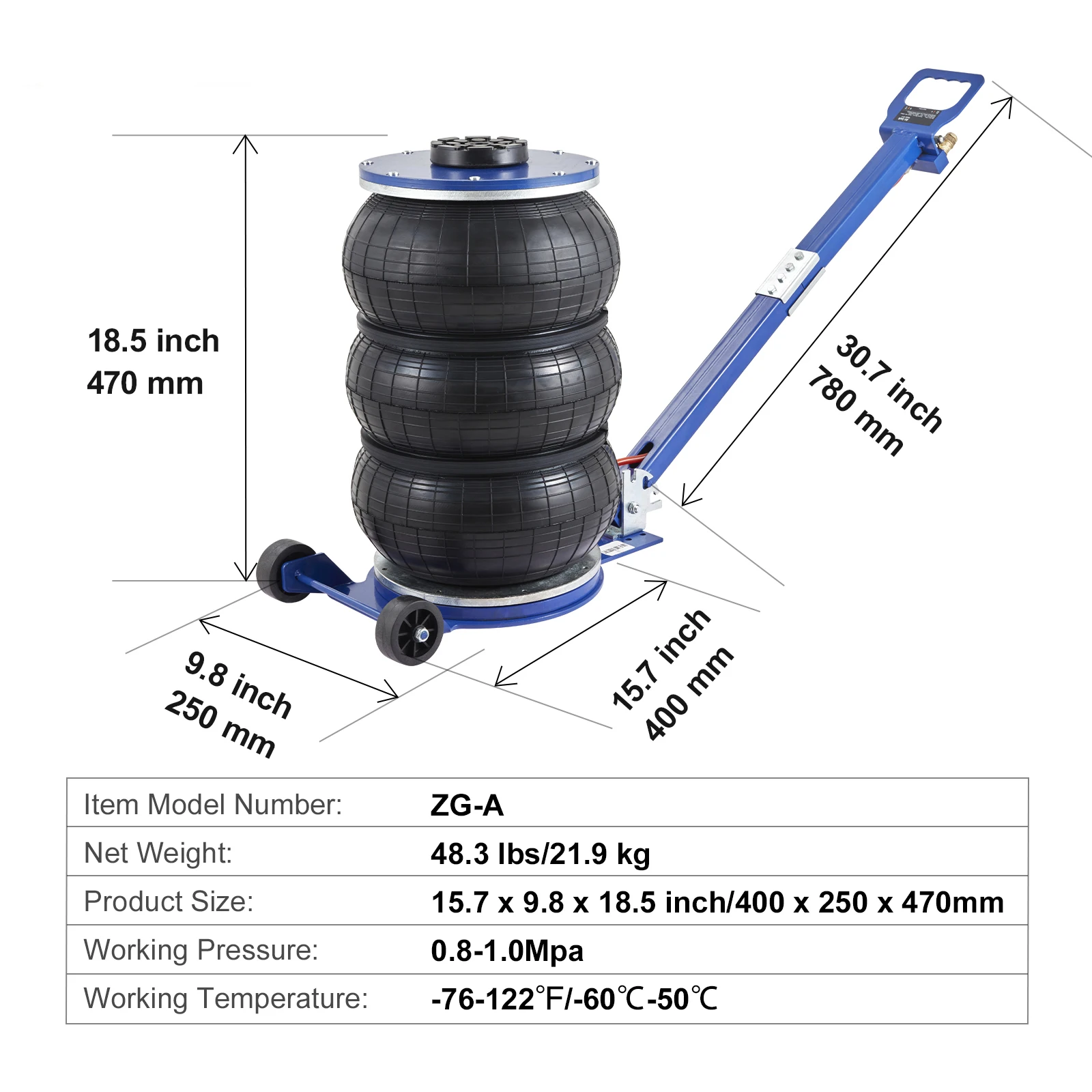 SucceBuy pneumatische krik 3 ton/5 ton drievoudige zak luchtkrik snellift zware autoreparatiekrikken opvouwbare stangkrikken met twee wielen