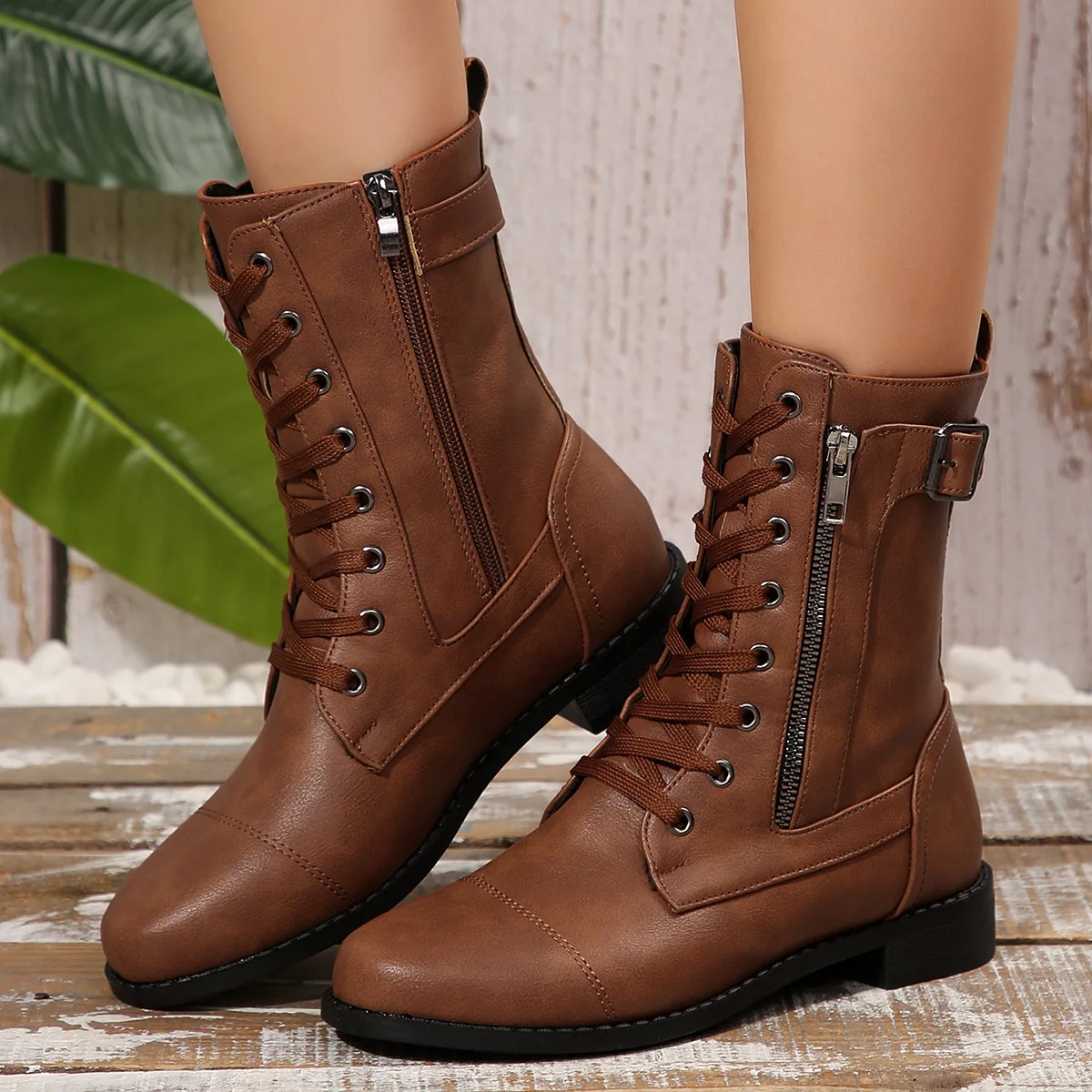 

Winter New Ankle Boots for Women with Round Toe Straps, Thick Heel, Solid Color, Belt Buckle, Midsole, Women's Boots