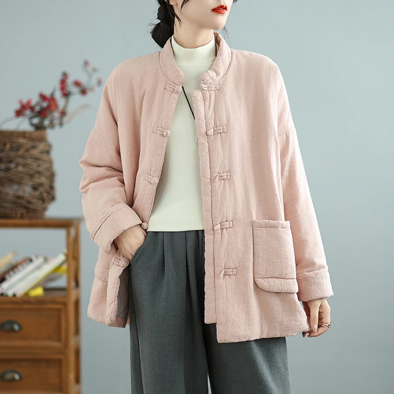 

New Chinese Sle Women's Cotton Jaet Winter Thiened Retro Embroidered Button Tea Ceremony Clothing Loose Fit Long Sve