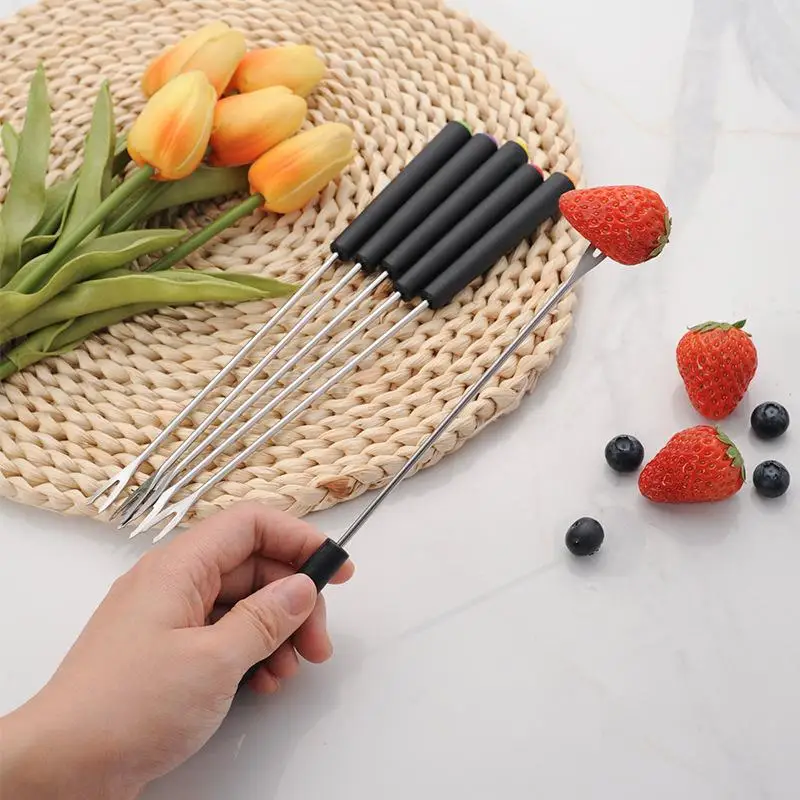 6 Pcs Fondue Fork Grilling Set Muddler Reusable Fruit Forks Bbq Fork Dipping Plastic/Wood + Stainless Steel For Cocktails Set