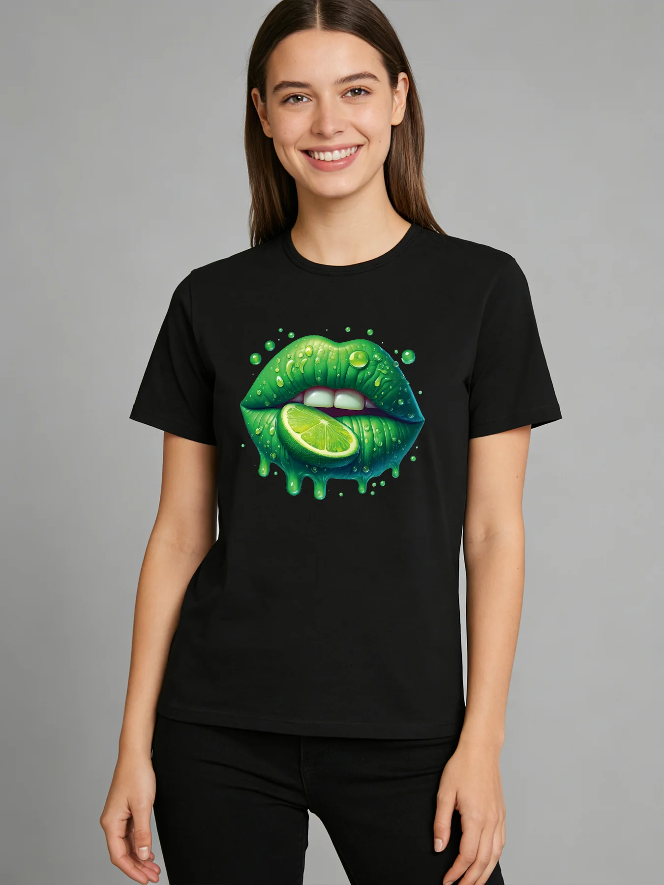 

2026 Spring/Summer New Women's Lime Green Lips Pattern T-Shirt Cute Fruit Pattern T-Shirt Casual Round Neck Short Sleeve Top