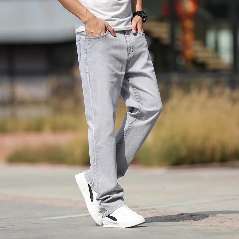 2026 Summer Brand New Men's Straight Loose Thin Jeans Simple Casual Clothing Lightweight Cotton Stretch Light Grey Jeans view 3