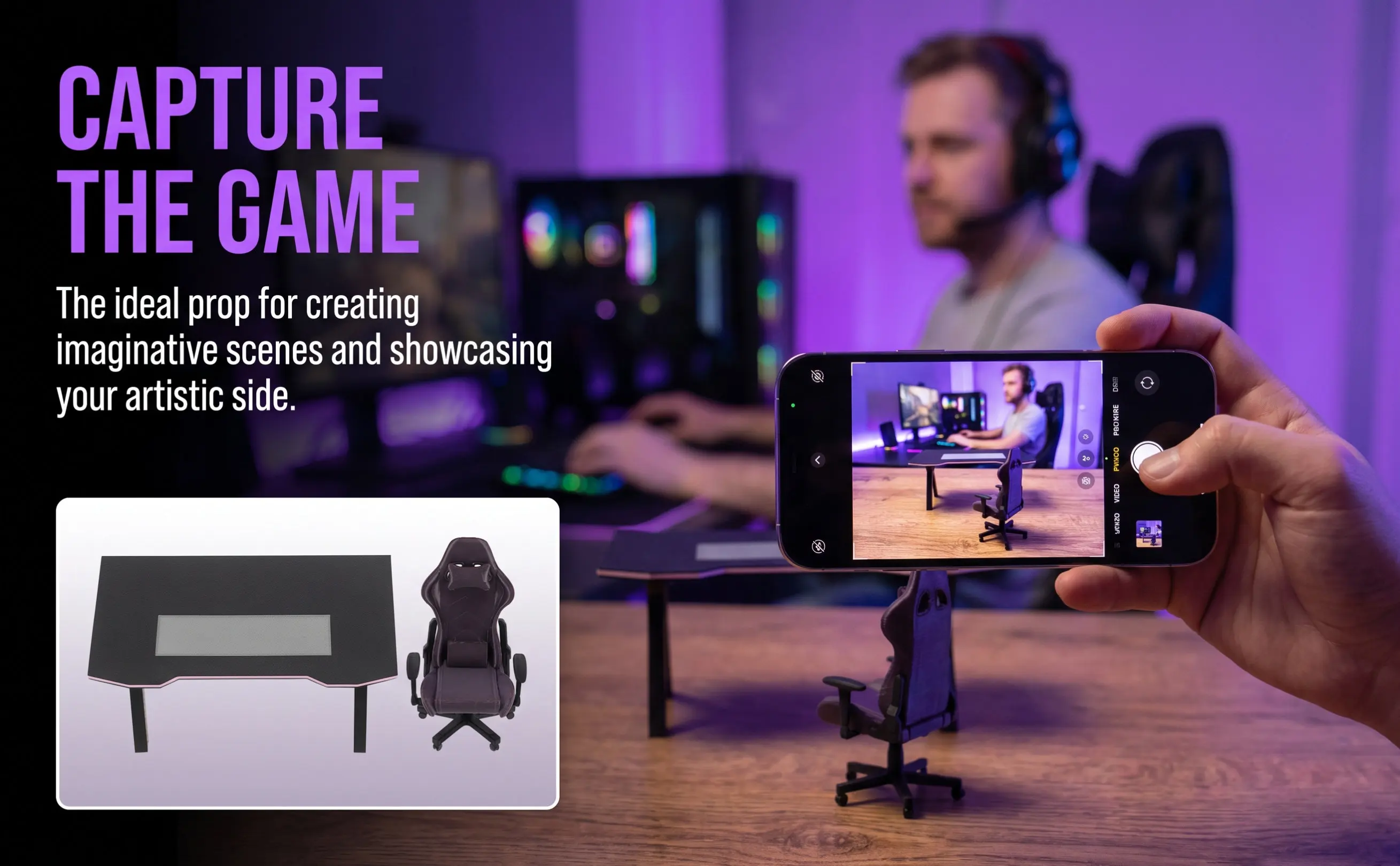 1Set Mini Gaming Desk and Chair Black 1:12 Scale Detailed Computer Furniture for Dollhouse Display Tiny Office Decoration DIY