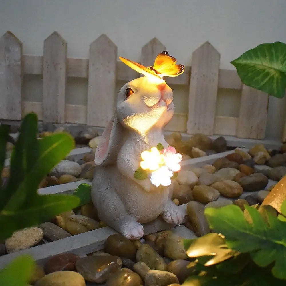 

Cute Solar Bunny Statue Resin Crafts Garden Decor with Butterfly LED Light Animal Sculpture Figurine for Garden Courtyard