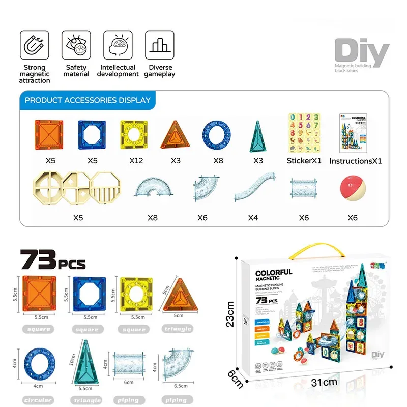 Blocs de construction en feuille magnétique pour enfants, ensemble de jeu, 73 pièces, blocs de construction variés, jouets éducatifs pour enfants