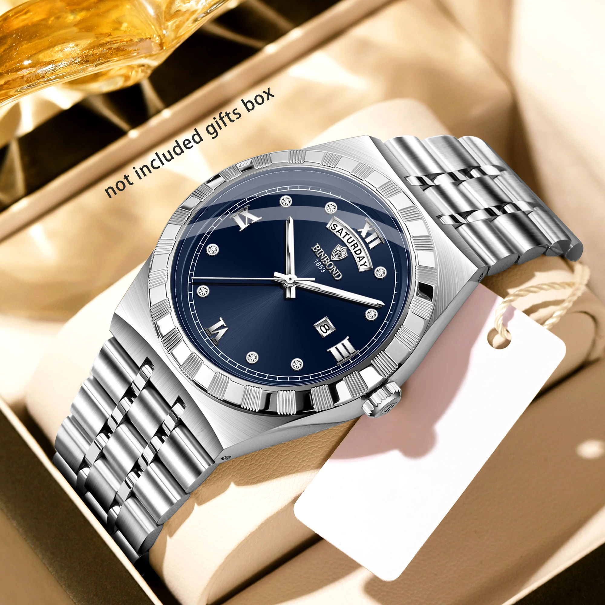 

Мужские классические деловые часы BINBOND — кварцевый механизм из нержавеющей стали, высококачественные светящиеся стрелки, отображение даты