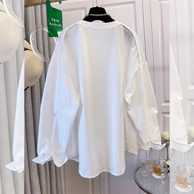 Manga longa único breasted bolso design versátil camisa 2025 primavera outono nova maré feminina simples blusas oversize