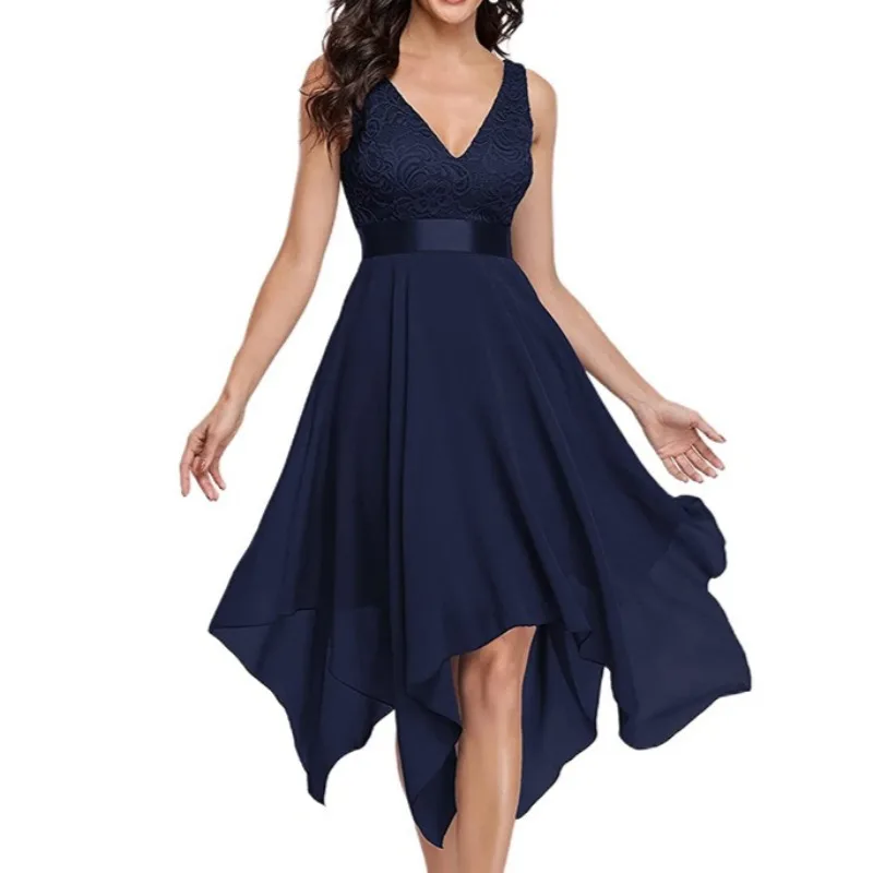 

2025 New Casual Elegant Lightweight Chiffon Dress Fashion Sexy Women V-neck A- Line Silhouette Black Irregular Pleated Dresses