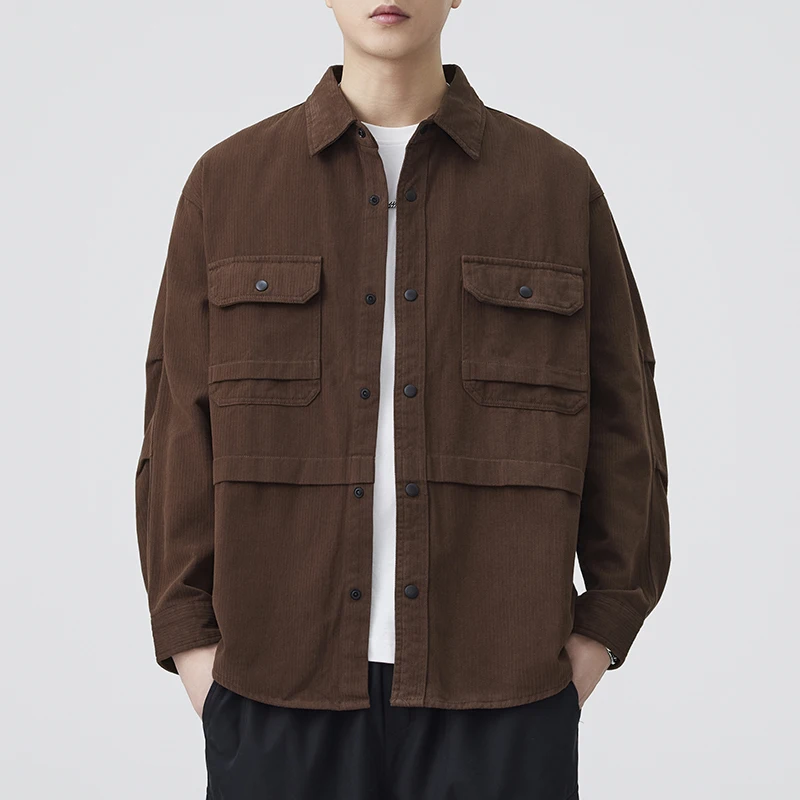 

Men Japanese Streetwear Splice Fashion Loose Casual Long Sleeve Techwear Cargo Shirts Washed Cotton Blouses Cardigan Coat