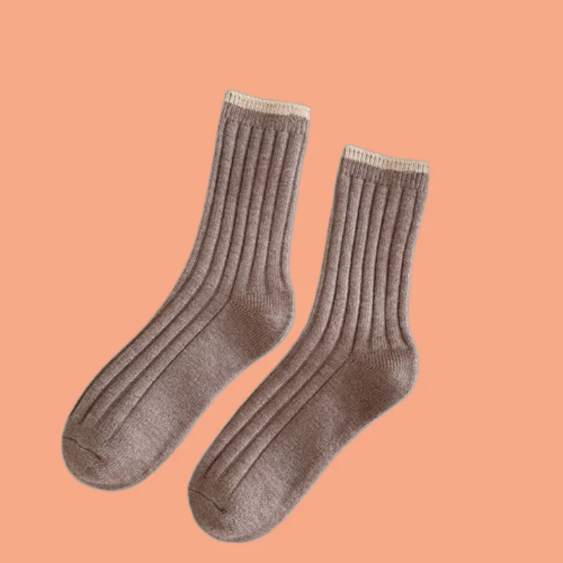 3/6 Pairs Thick Warm Japanese Vertical Striped Stacked Socks Solid Color Women's Autumn and Winter Middle Socks New Wool Socks