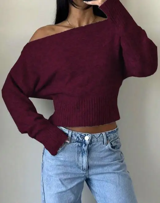 

Осень-зима 2026, элегантный новый модный повседневный ленивый стиль, вязаный топ с широкими трюфельными плечами, женский утягивающий свитер с высокой талией