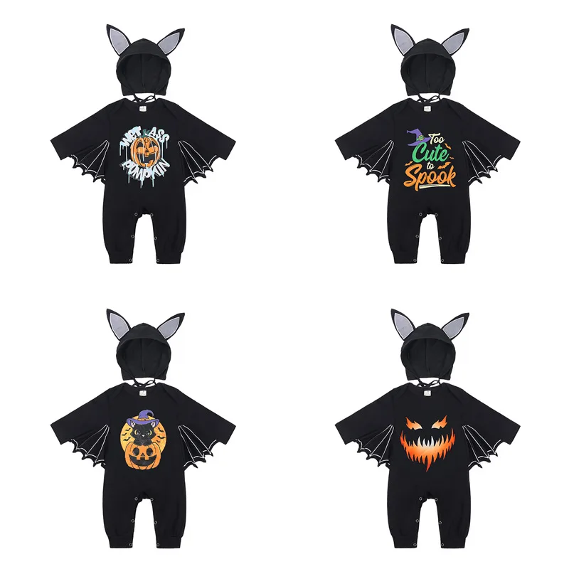 

Children's clothing baby jumpsuit European American Halloween letter printed bat sleeve jumpsuit spring autumn baby with hat