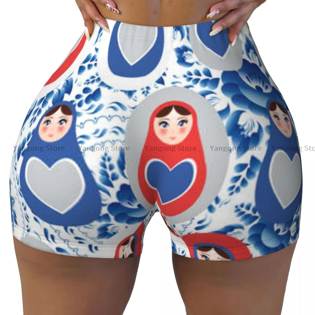 

Spandex Yoga Shorts for Women Russian Dolls Background Workout Booty Shorts