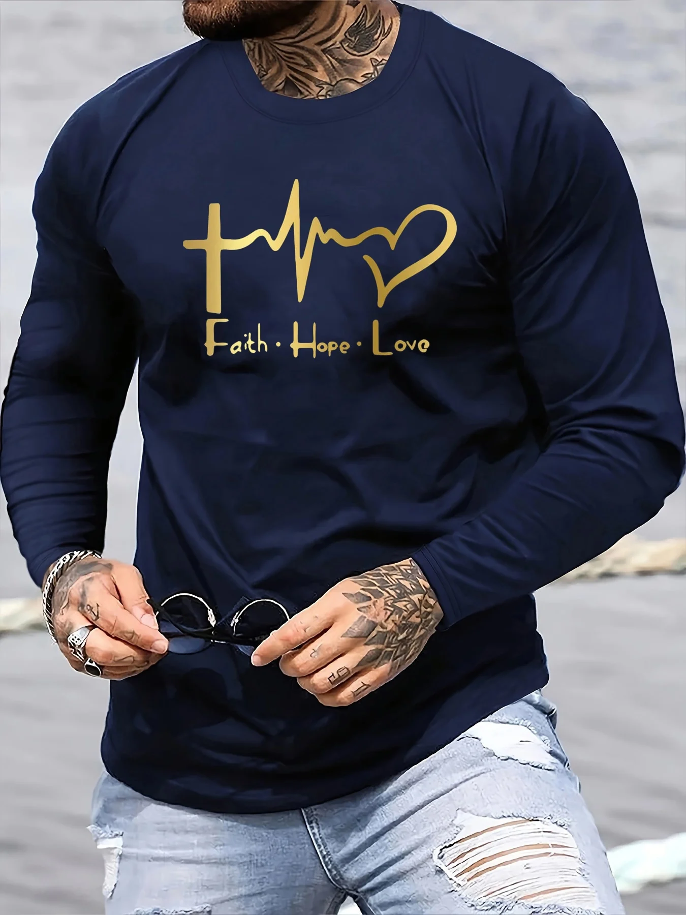 T-shirt da uomo primavera e autunno 100% cotone comoda per il tempo libero con motivo Love Faith stampato girocollo a maniche lunghe