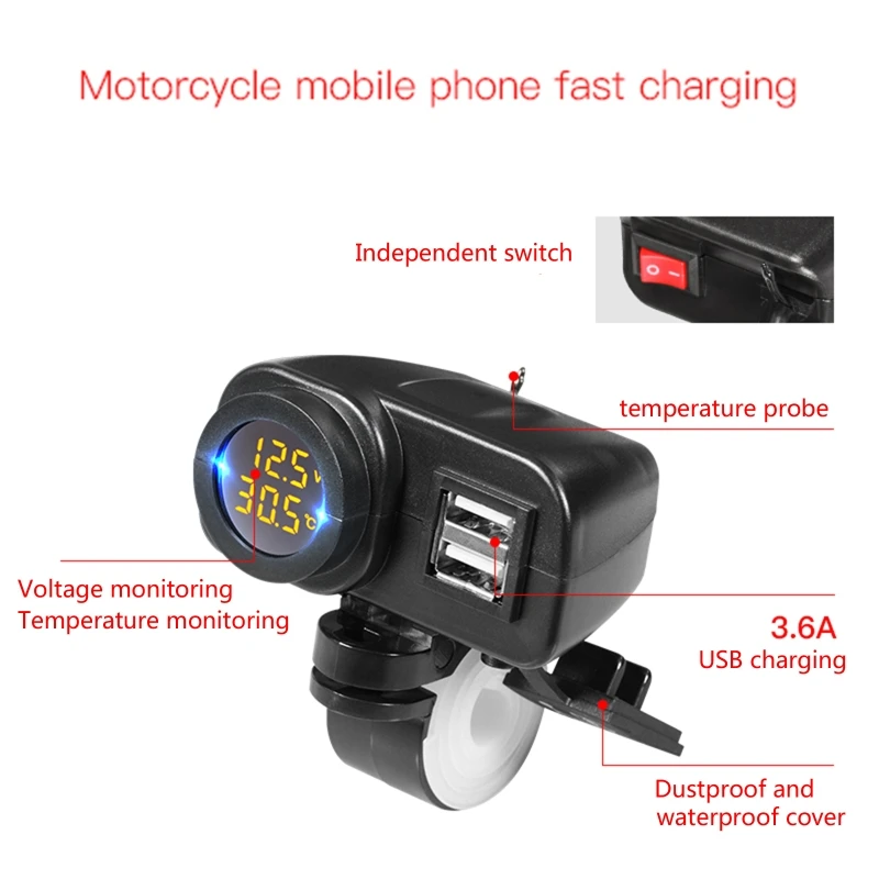 Waterproof Motorcycle 18W QC3.0 Dual USB Temperature Display Voltmeter for Rear View Handlebar Dropship